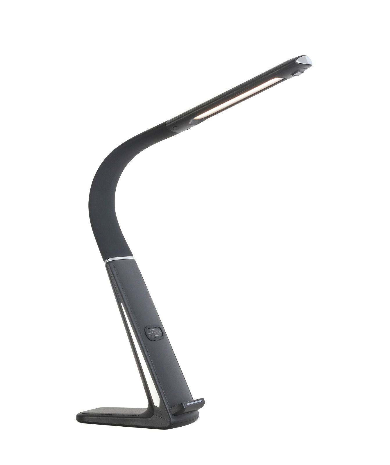 Novel LED-Schreibtischleuchte Moderne LED-Schreibtischleuchte in seitlicher Perspektive mit geschwungenem Design und schwarzem Finish.