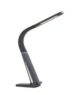Moderne LED-Schreibtischleuchte in seitlicher Perspektive mit geschwungenem Design und schwarzem Finish.