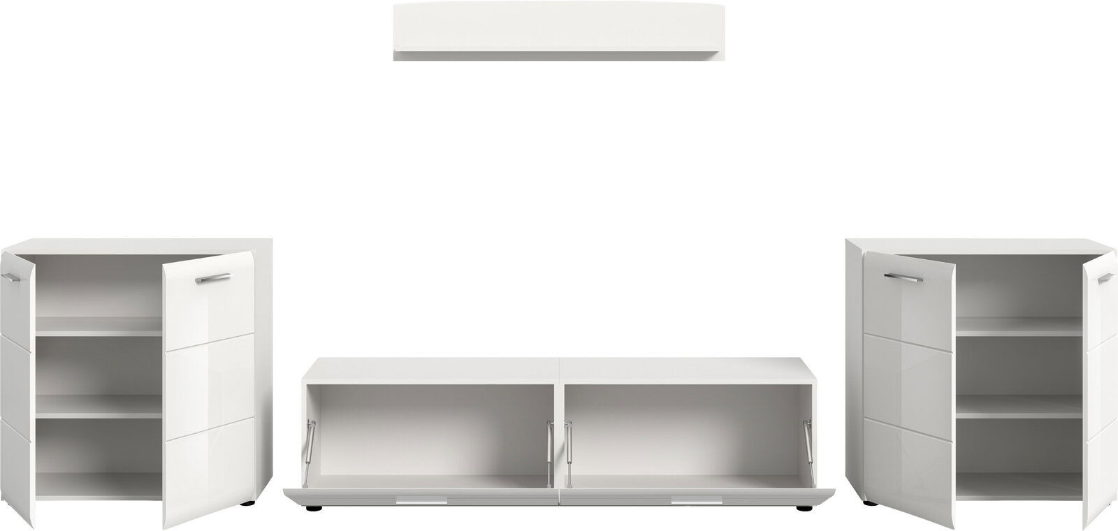 Weißes, modernes Schrank-Set mit Hochglanz-Fronten und Metallgriffen, bestehend aus zwei hohen Schränken mit geöffneten Türen und einem niedrigen TV-/Sideboard mit nach unten geöffneten Klappen, Frontansicht auf weißem Hintergrund.