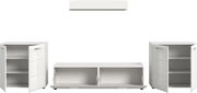 Weißes, modernes Schrank-Set mit Hochglanz-Fronten und Metallgriffen, bestehend aus zwei hohen Schränken mit geöffneten Türen und einem niedrigen TV-/Sideboard mit nach unten geöffneten Klappen, Frontansicht auf weißem Hintergrund.