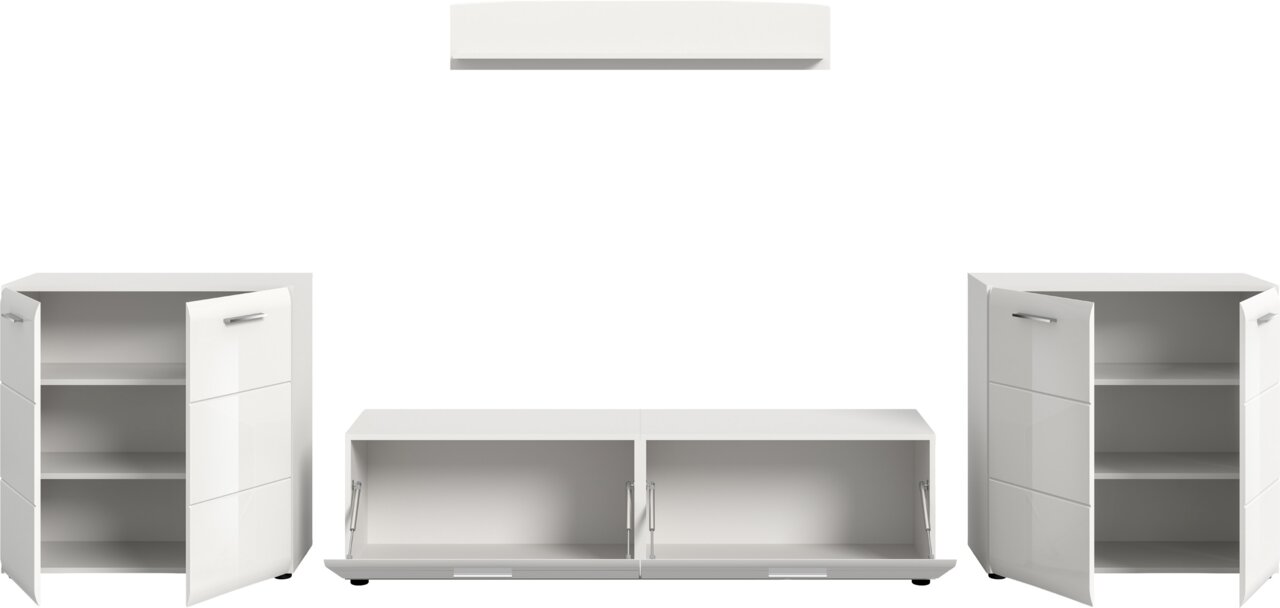 Weißes, modernes Schrank-Set mit Hochglanz-Fronten und Metallgriffen, bestehend aus zwei hohen Schränken mit geöffneten Türen und einem niedrigen TV-/Sideboard mit nach unten geöffneten Klappen, Frontansicht auf weißem Hintergrund.