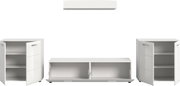 Weißes, modernes Schrank-Set mit Hochglanz-Fronten und Metallgriffen, bestehend aus zwei hohen Schränken mit geöffneten Türen und einem niedrigen TV-/Sideboard mit nach unten geöffneten Klappen, Frontansicht auf weißem Hintergrund.