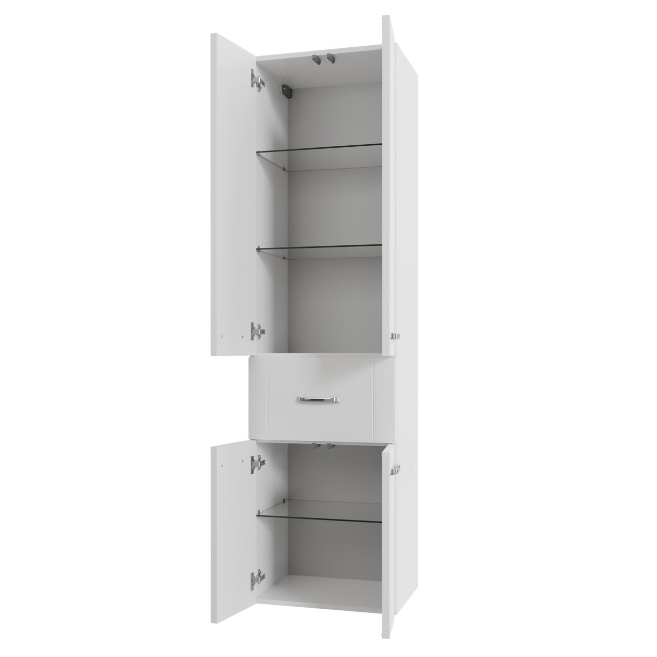 Weißer Hochschrank mit zwei offenen Türen und Glasböden, Frontalansicht