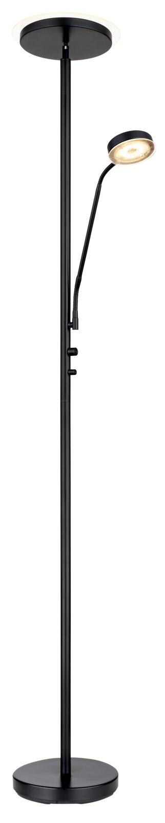 Moderne schwarze Stehleuchte mit zwei Lichtquellen, fotografiert aus der Frontalansicht.