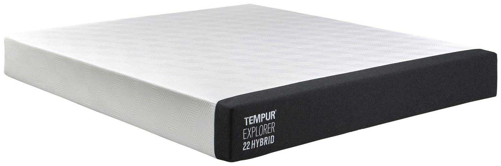 Tempur Viscomatratze 180x200 EXPLORER HYBRID Seitliche Perspektive auf eine TEMPUR Explorer 22 Hybrid Matratze mit weißer Oberseite und schwarzem Rand.