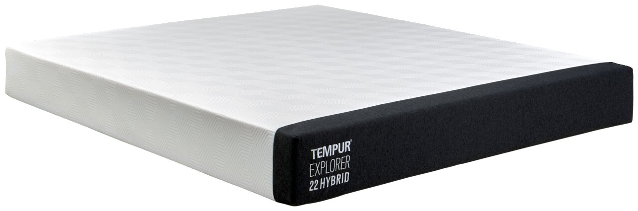 Tempur Viscoma-matras 180x200 EXPLORER HYBRID Zijaanzicht van een TEMPUR Explorer 22 Hybrid-matras met een witte bovenkant en een zwarte rand.