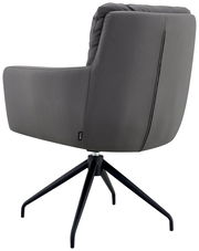 Rückansicht eines grauen Armlehnstuhls mit schwarzem Metallgestell und drehbarem Fuß.