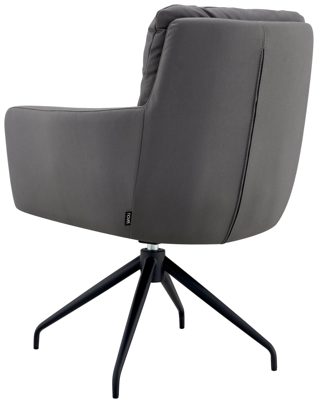 Rückansicht eines grauen Armlehnstuhls mit schwarzem Metallgestell und drehbarem Fuß.