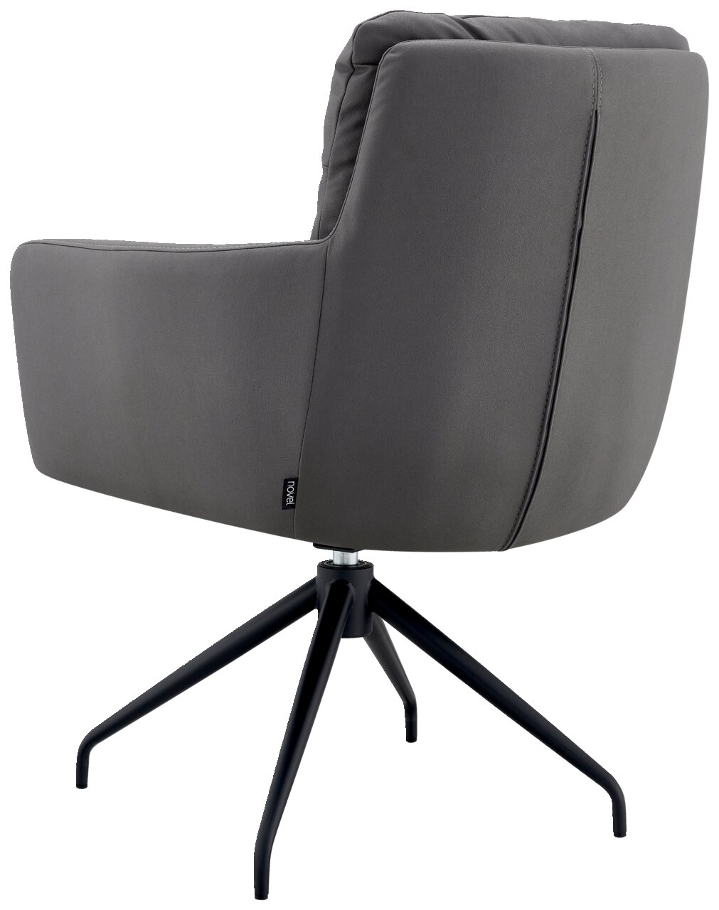 Rückansicht eines grauen Armlehnstuhls mit schwarzem Metallgestell und drehbarem Fuß.