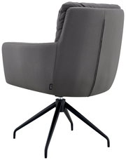 Rückansicht eines grauen Armlehnstuhls mit schwarzem Metallgestell und drehbarem Fuß.