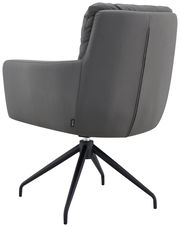 Rückansicht eines grauen Armlehnstuhls mit schwarzem Metallgestell und drehbarem Fuß.