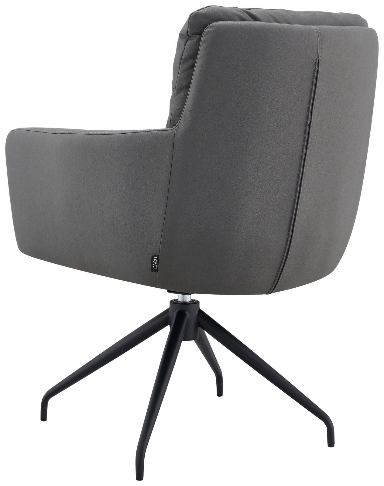 Rückansicht eines grauen Armlehnstuhls mit schwarzem Metallgestell und drehbarem Fuß.