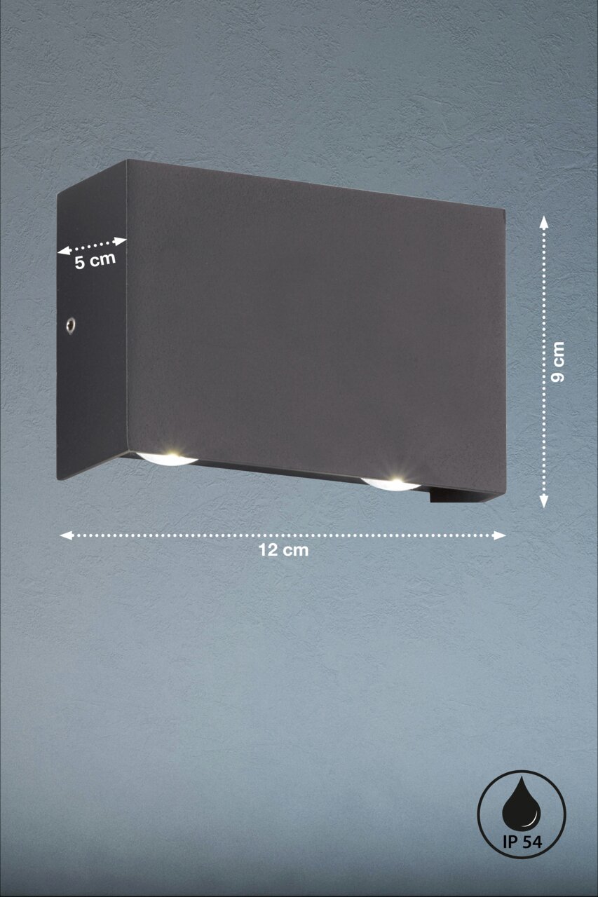 Moderne Wandleuchte Nair in rechteckiger Form, seitliche Perspektive, Maße 12x9x5 cm, IP54 Schutzart.