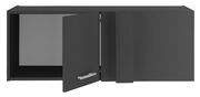 Schwarzer Eckschrankaufsatz mit geöffneter Tür, seitliche Perspektive
