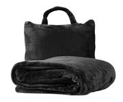 Weiches, dunkelgraues Plaid mit passender Tasche, frontal abgebildet.