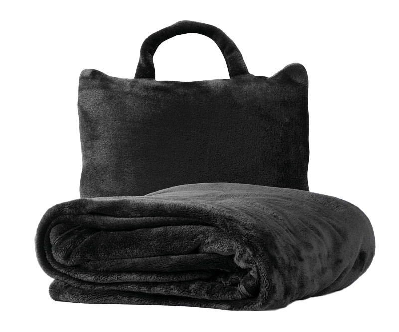 Weiches, dunkelgraues Plaid mit passender Tasche, frontal abgebildet.