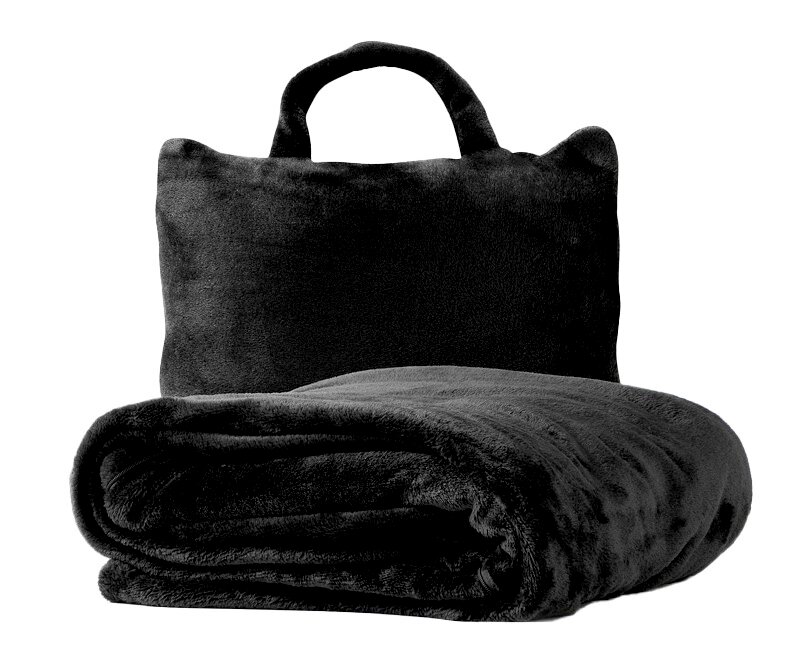 Weiches, dunkelgraues Plaid mit passender Tasche, frontal abgebildet.