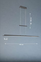Moderne Pendelleuchte Bill in seitlicher Perspektive, 145 cm lang, 16 cm breit, höhenverstellbar von 80 bis 150 cm.