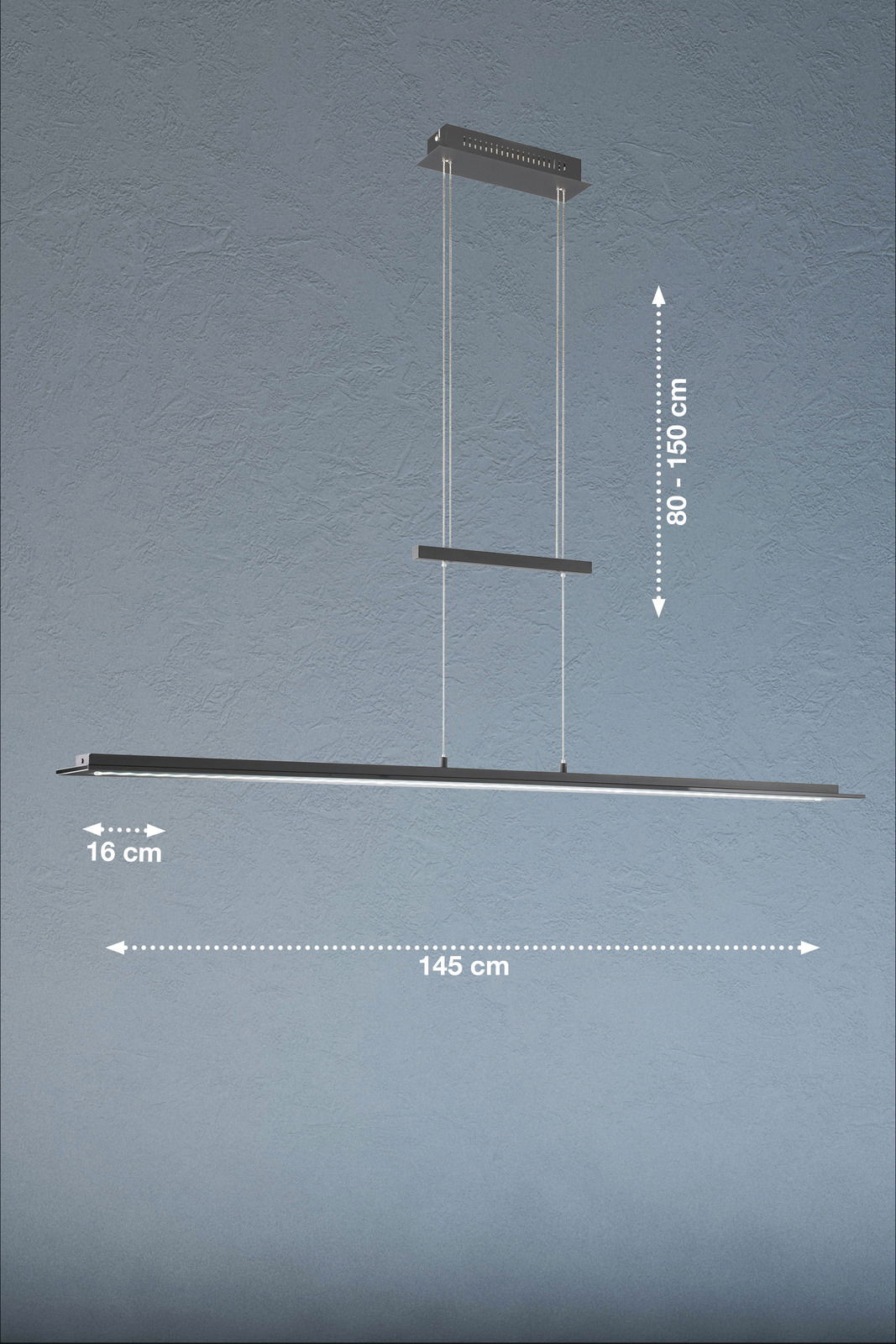 Moderne Pendelleuchte Bill in seitlicher Perspektive, 145 cm lang, 16 cm breit, höhenverstellbar von 80 bis 150 cm.