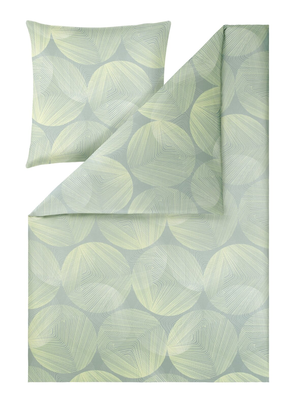 Estella Mako-Interlok-Jersey Bettwäsche 135/200cm DORA Bettwäsche-Set mit Kissenbezug und Deckenbezug in Hellgrün/Grau mit abstraktem Kreis- und Linienmuster, frontal von oben (Flatlay) fotografiert
