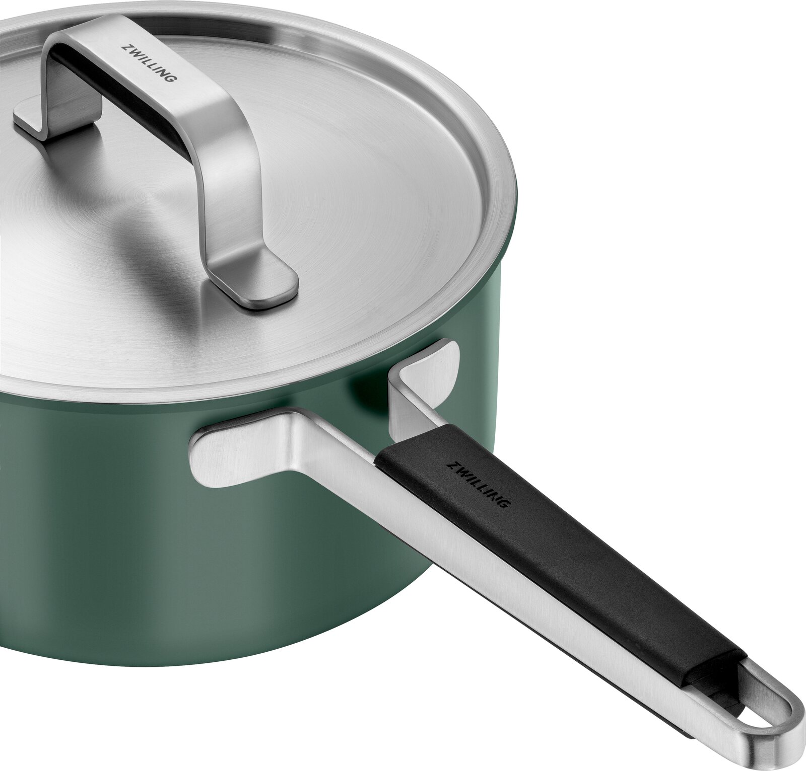 Grüner Kochtopf mit Deckel und langem Griff, seitliche Perspektive