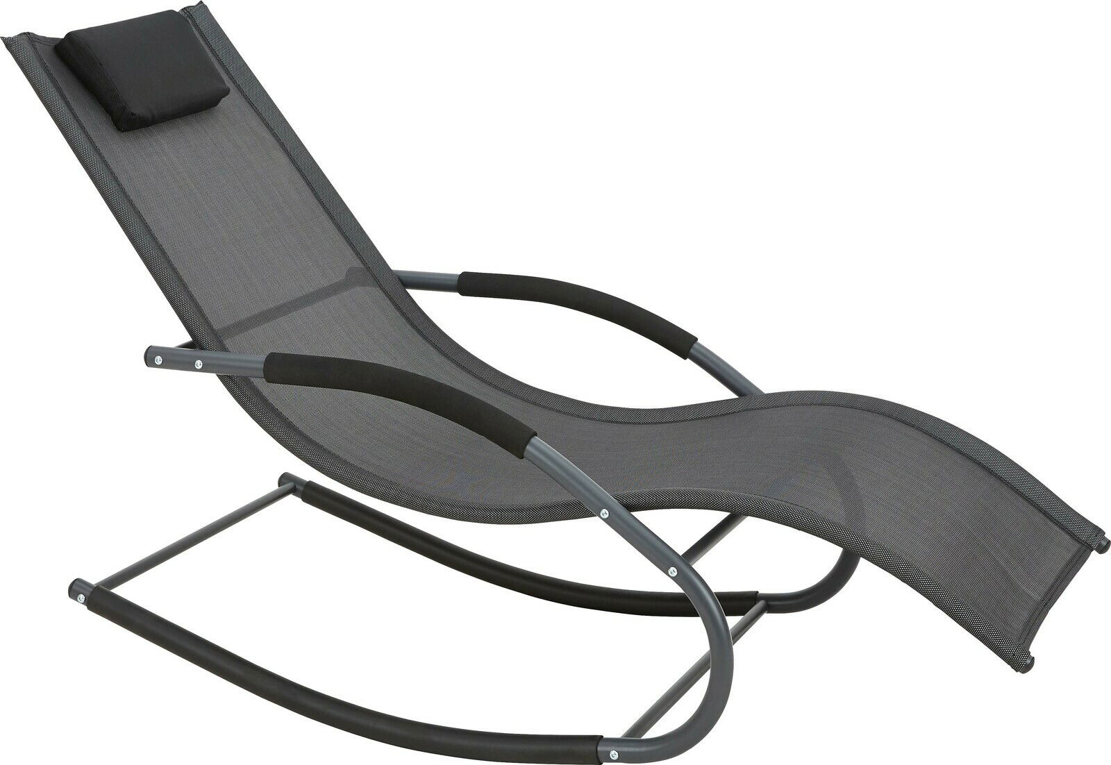 Schaukelliege aus seitlicher Perspektive mit grauem Metallrahmen und schwarzem Netzgewebe.