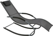 Schaukelliege aus seitlicher Perspektive mit grauem Metallrahmen und schwarzem Netzgewebe.