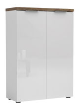 Weißer, niedriger Aktenschrank mit zwei Türen und Holzplatte, Frontalansicht