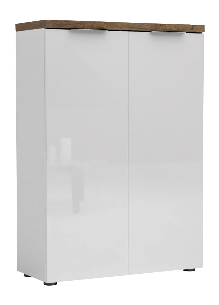 Weißer, niedriger Aktenschrank mit zwei Türen und Holzplatte, Frontalansicht