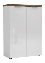 Weißer, niedriger Aktenschrank mit zwei Türen und Holzplatte, Frontalansicht