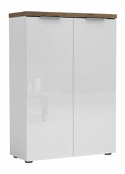 Weißer, niedriger Aktenschrank mit zwei Türen und Holzplatte, Frontalansicht