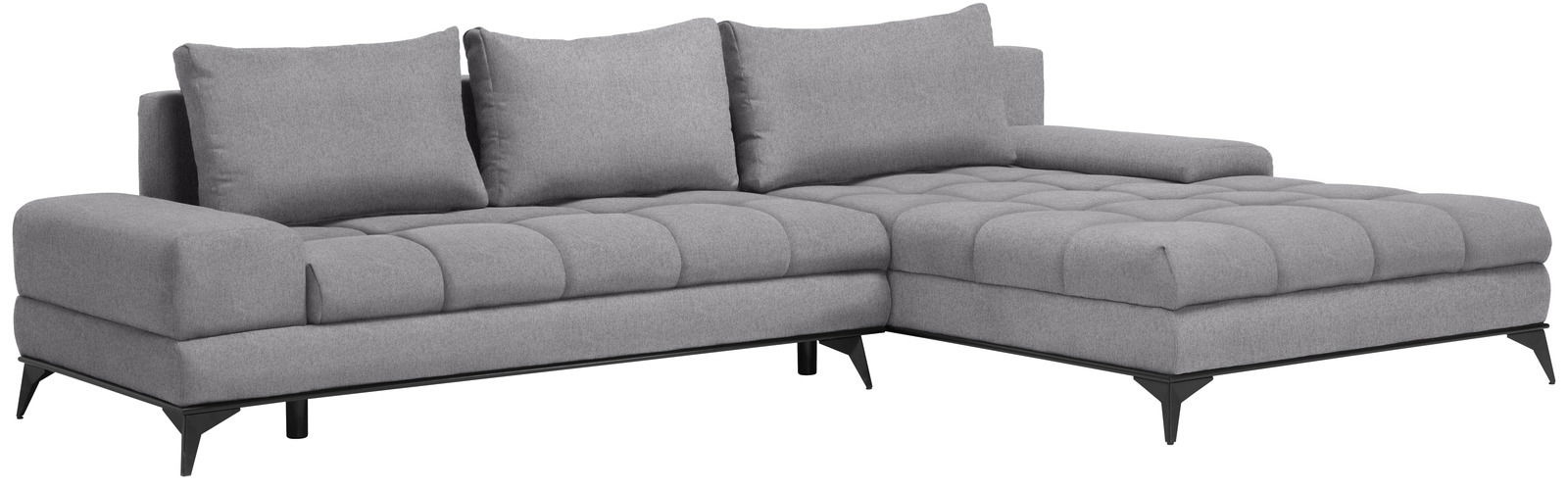 Graues Ecksofa mit Ottomane, moderne Metallfüße, Perspektive von vorne links