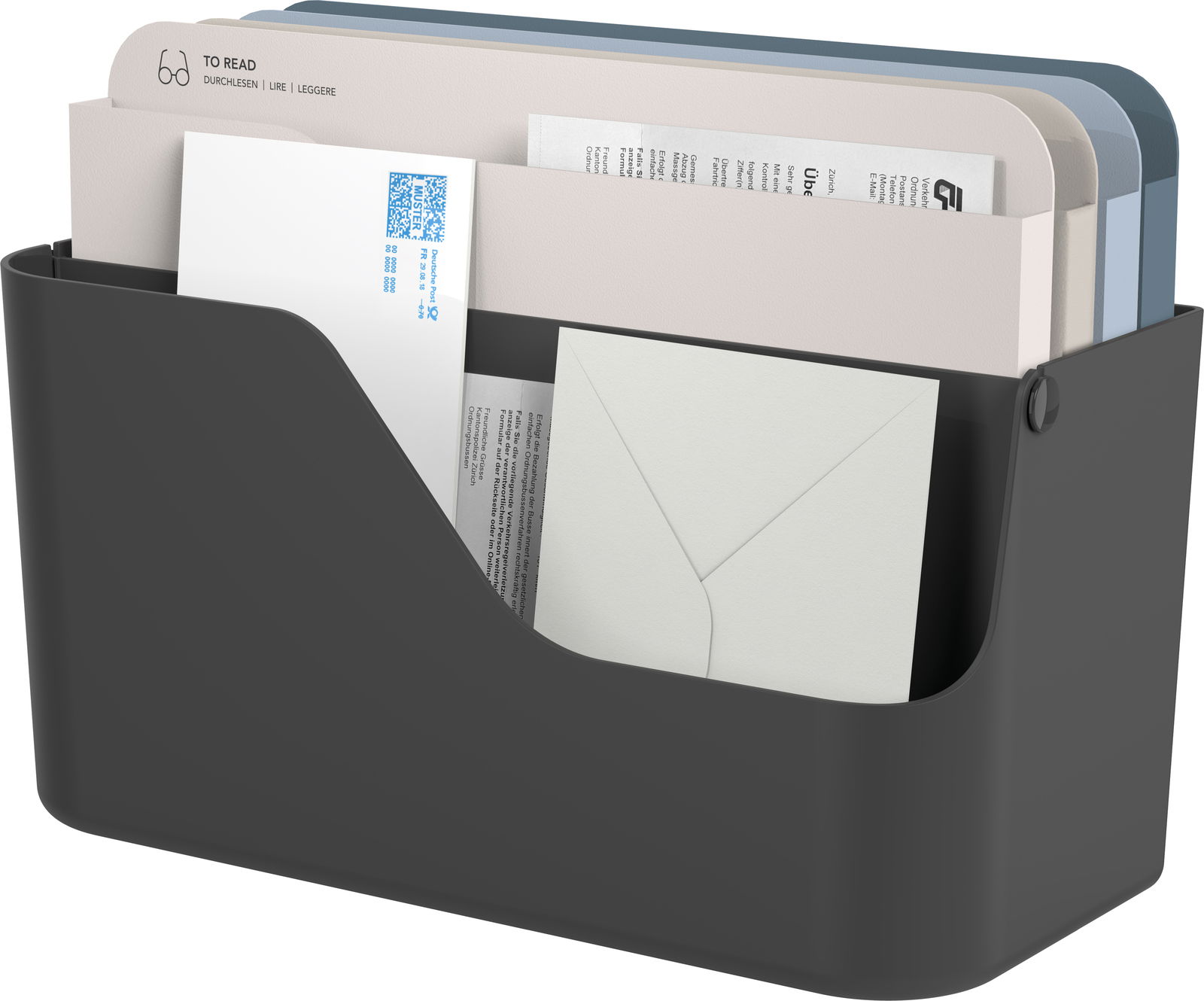 Schwarzer Dokumentenorganizer mit mehreren Fächern, gefüllt mit Briefen und Dokumenten, aus seitlicher Perspektive.