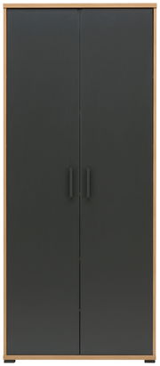 Frontansicht eines modernen, zweifarbigen Büroschranks mit dunklen Türen und Holzrahmen.