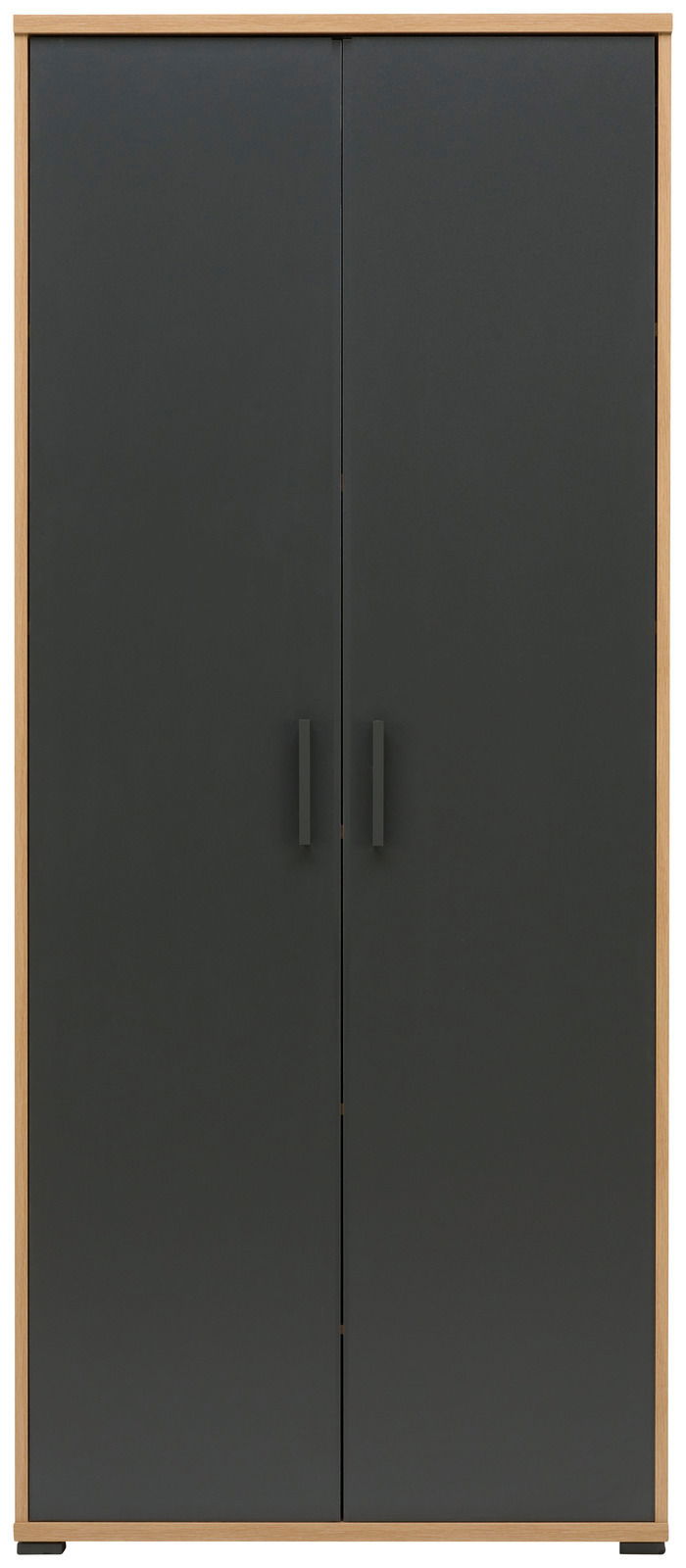 Frontansicht eines modernen, zweifarbigen Büroschranks mit dunklen Türen und Holzrahmen.