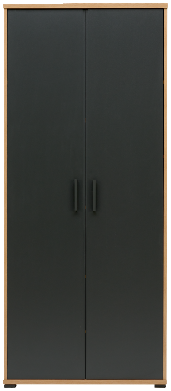 Frontansicht eines modernen, zweifarbigen Büroschranks mit dunklen Türen und Holzrahmen.