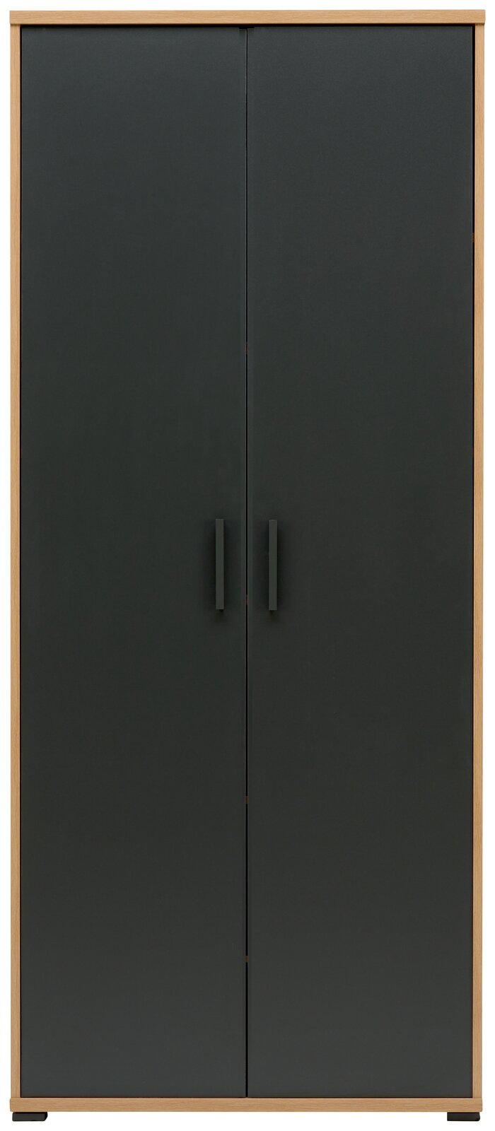 Frontansicht eines modernen, zweifarbigen Büroschranks mit dunklen Türen und Holzrahmen.