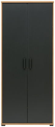 Frontansicht eines modernen, zweifarbigen Büroschranks mit dunklen Türen und Holzrahmen.