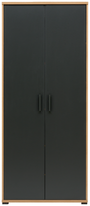 Frontansicht eines modernen, zweifarbigen Büroschranks mit dunklen Türen und Holzrahmen.