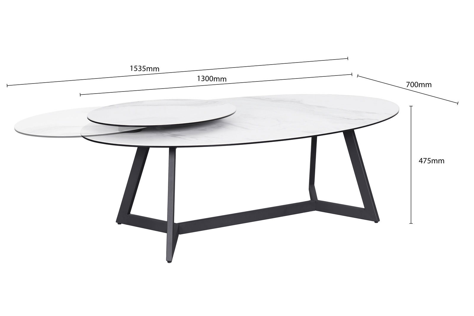 Moderner Couchtisch mit ovaler, ausziehbarer Tischplatte in Marmoroptik und schwarzem Metallgestell, seitliche Perspektive.