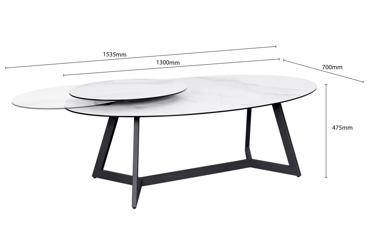 Moderner Couchtisch mit ovaler, ausziehbarer Tischplatte in Marmoroptik und schwarzem Metallgestell, seitliche Perspektive.