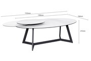 Moderner Couchtisch mit ovaler, ausziehbarer Tischplatte in Marmoroptik und schwarzem Metallgestell, seitliche Perspektive.
