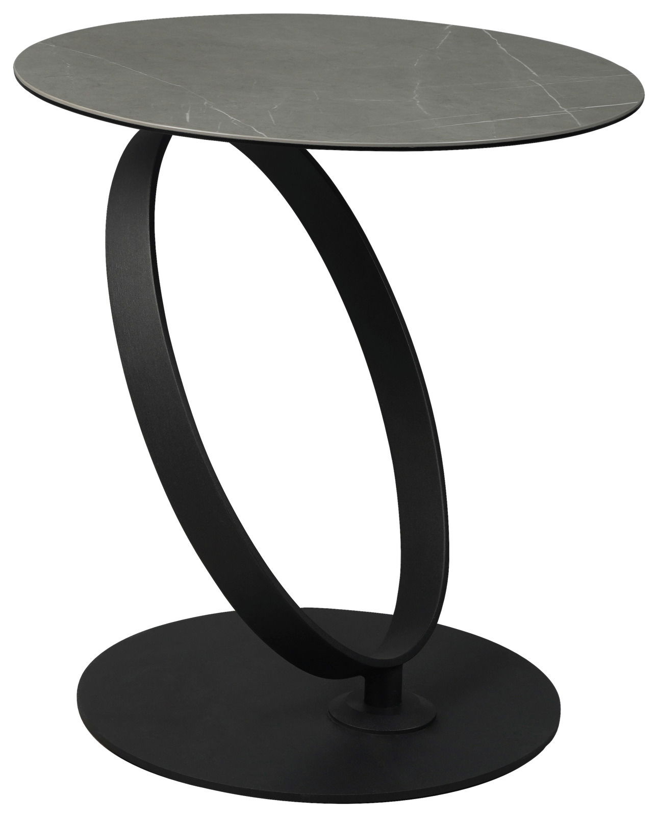 Moderner Beistelltisch mit rundem, grauem Tischplatte und schwarzem, ovalem Metallgestell, seitliche Perspektive