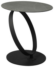 Moderner Beistelltisch mit rundem, grauem Tischplatte und schwarzem, ovalem Metallgestell, seitliche Perspektive