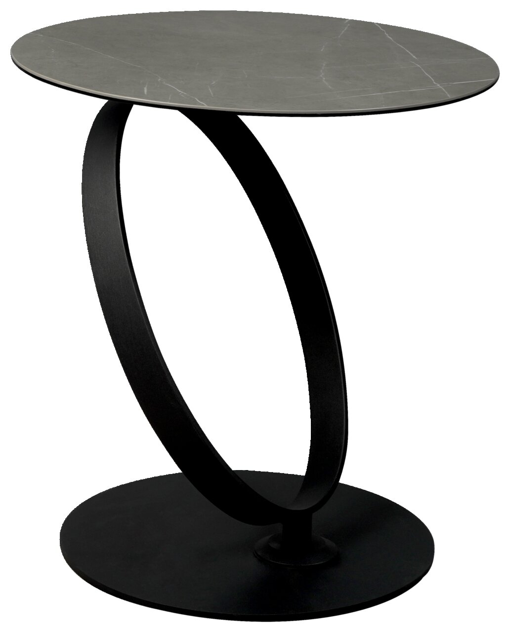 Dieter Knoll Bijzettafel PESCARA 1 Moderne bijzettafel met een rond, grijs tafelblad en een zwart, ovaal metalen onderstel, gezien vanaf de zijkant