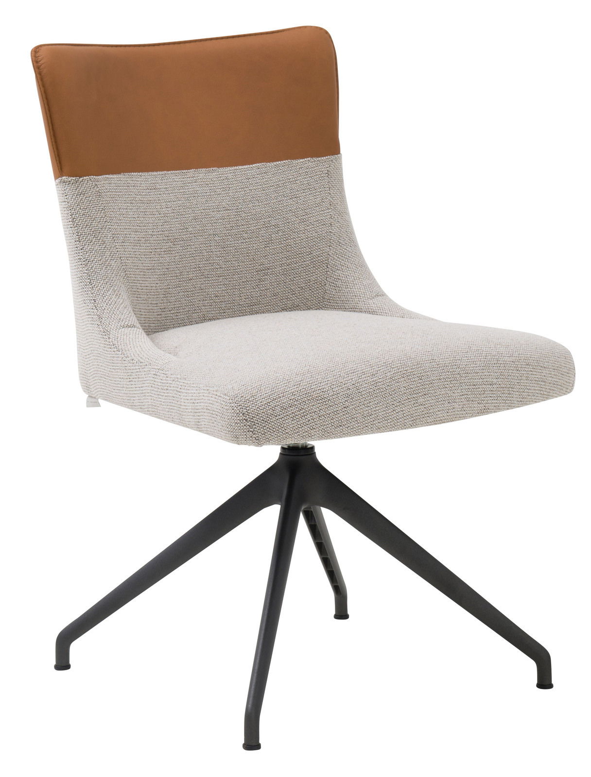 Moderner Stuhl mit hellgrauem Stoffbezug und brauner Leder-Rückenlehne, schwarzes Metallgestell, seitliche Perspektive