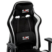 Schwarzer Gaming Stuhl mit weißem Rand und Game Rocker Logo, Vorderansicht