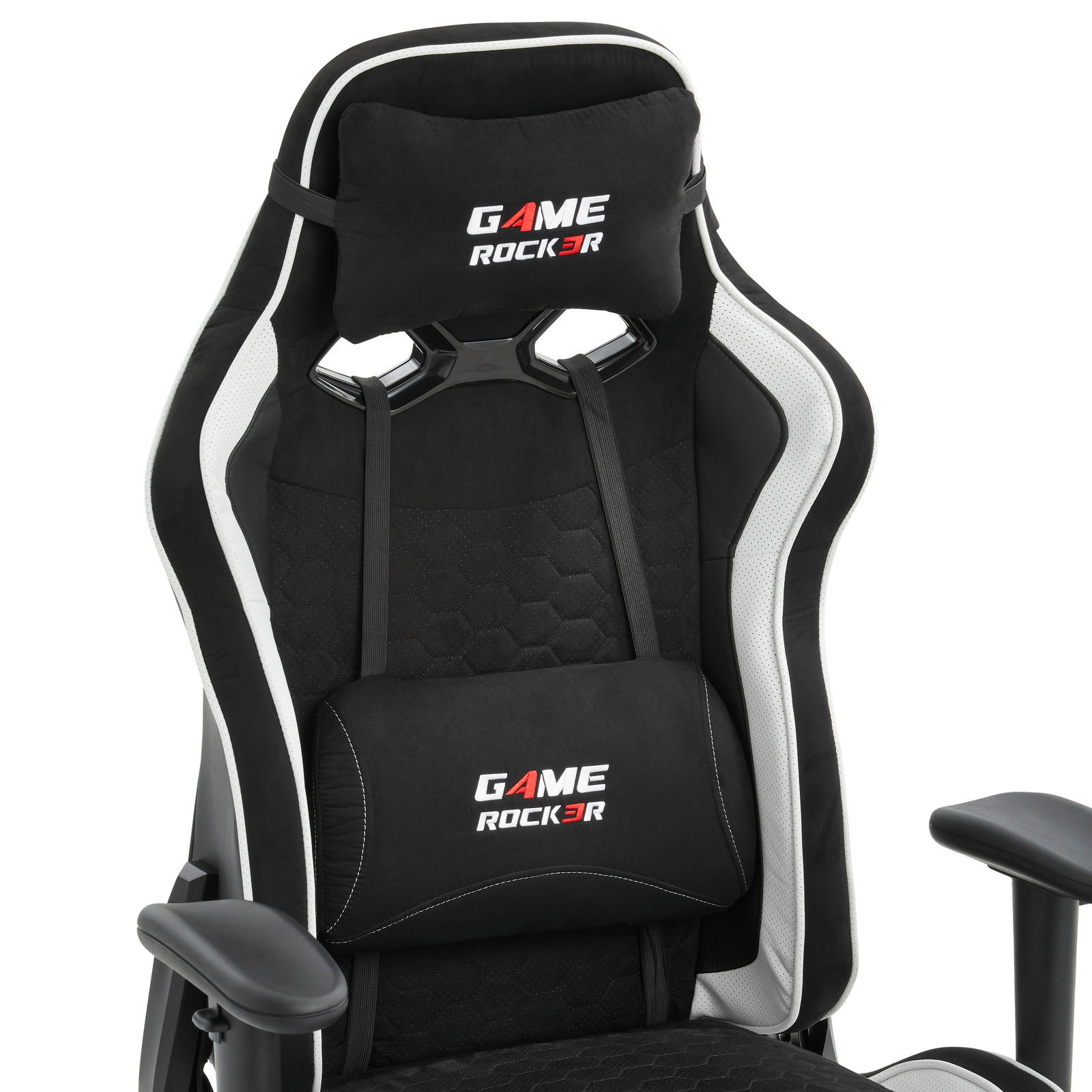 Schwarzer Gaming Stuhl mit weißem Rand und Game Rocker Logo, Vorderansicht