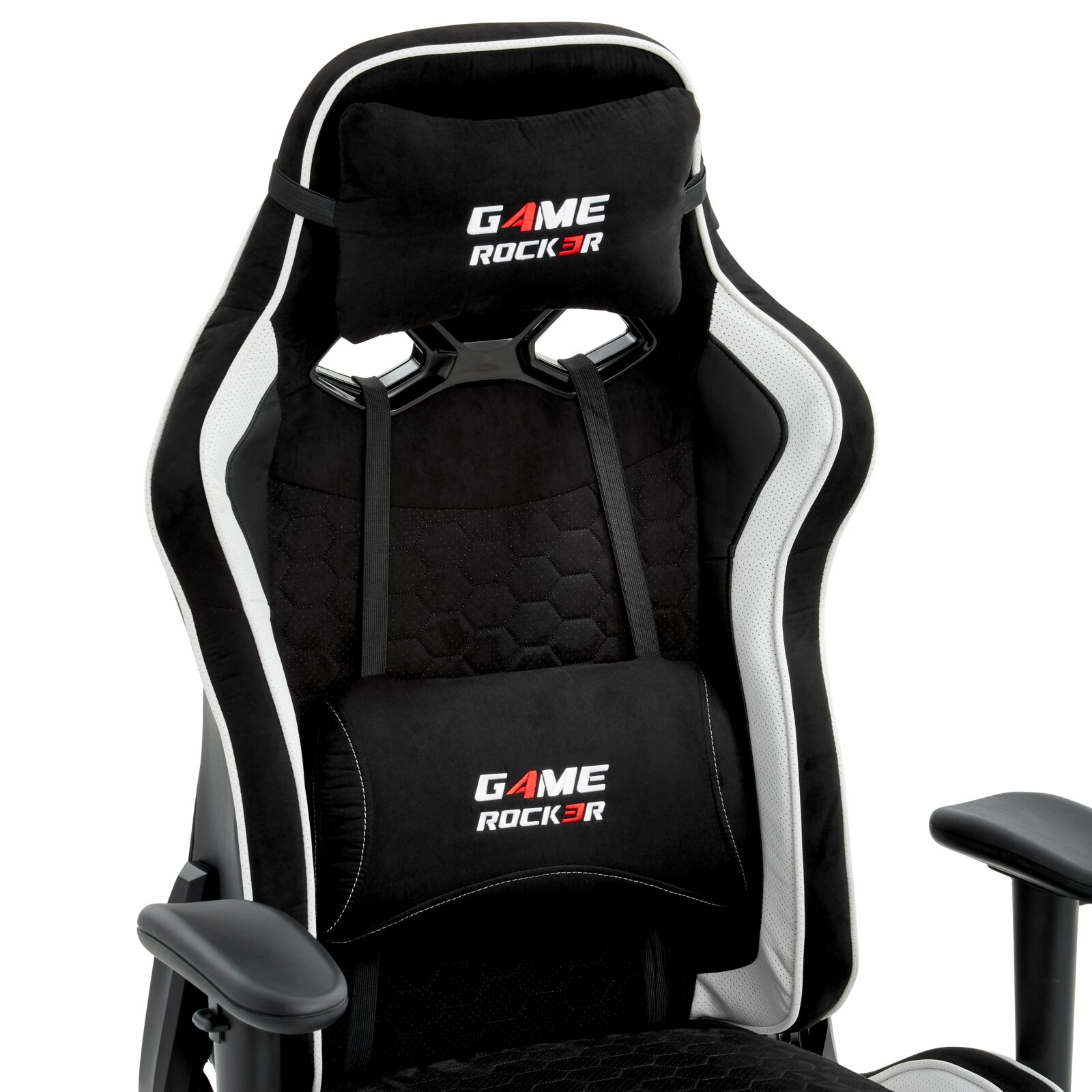 Zwarte gamingstoel met witte rand en Game Rocker-logo, vooraanzicht