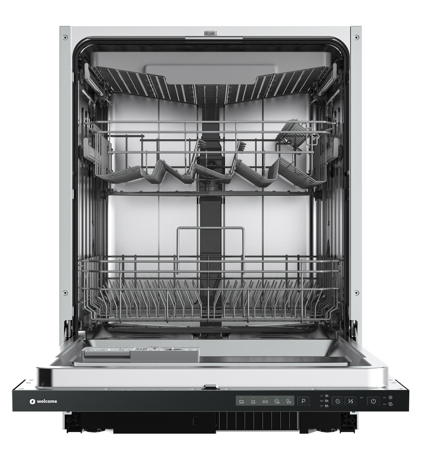 Offene Geschirrspülmaschine von vorne mit sichtbaren Körben und Bedienelementen